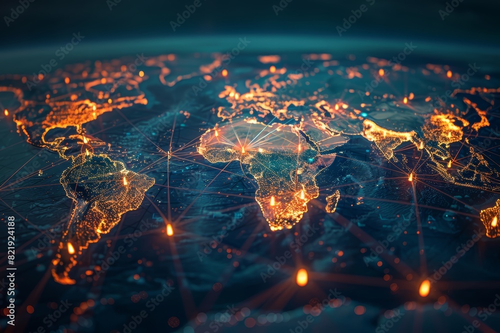 Glowing global network with illuminated lines and nodes Stock ...