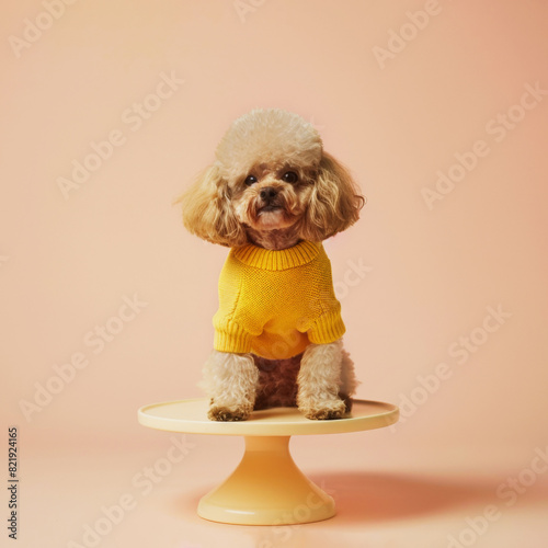 Poodle in Yellow Sweater on Pedestal