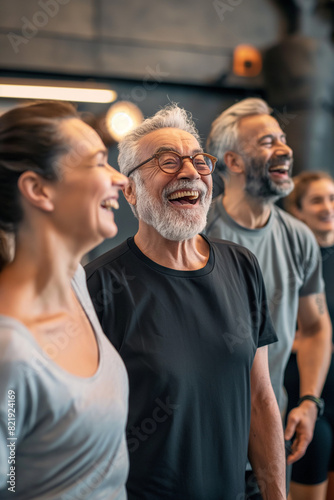 Fitness, laughing and friends at the gym for training, diverse seniors pilates class for active retirement lifestyle. exercise in a group for a workout, cardio or yoga in a studio  © sam