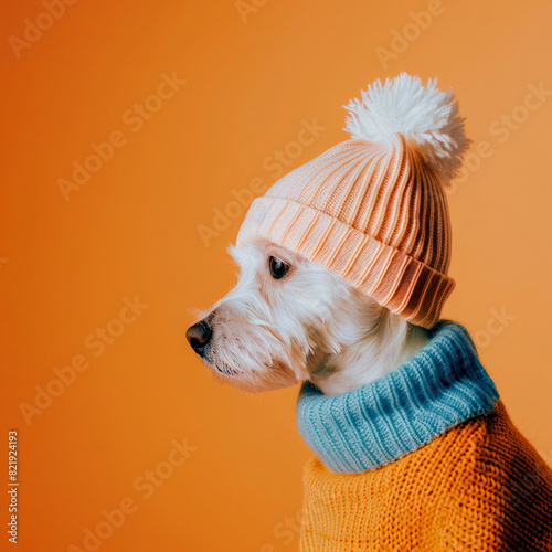 Dog in Knitted Hat and Sweater