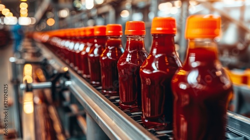 Efficient ketchup bottling process in a standardized factory environment for optimal production photo