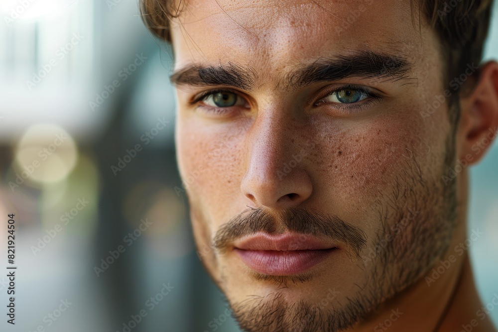 Fototapeta premium Closeup portrait of a pensive young man with green eyes
