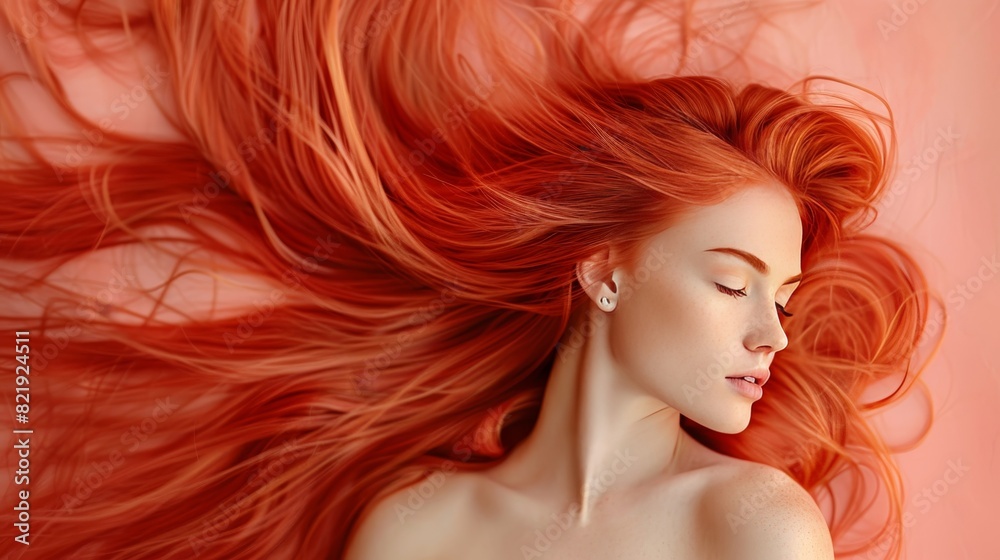 Naklejka premium Red haired girl portrait on pastel background with ample space for text placement