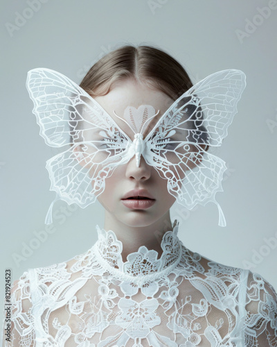 Woman in white lace butterfly mask
