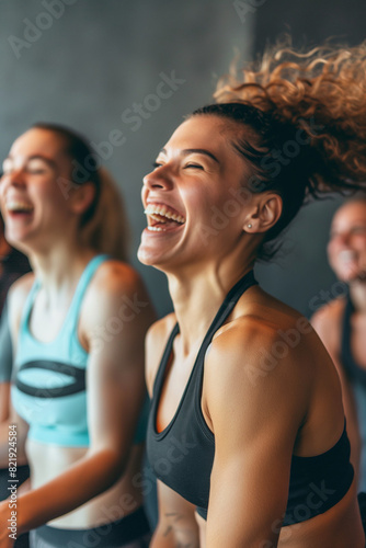 Fitness, laughing and friends at the gym for training, diverse pilates class for active healthy lifestyle. exercise in a group for a workout, cardio or yoga in a studio 
