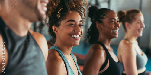 Fitness, laughing and friends at the gym for training, diverse pilates class for active healthy lifestyle. exercise in a group for a workout, cardio or yoga in a studio  photo