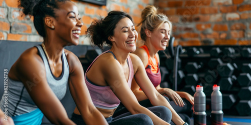 Fitness  laughing and friends at the gym for training  diverse pilates class for active healthy lifestyle. exercise in a group for a workout  cardio or yoga in a studio 