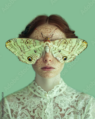 Woman with butterfly covering eyes against mint green background