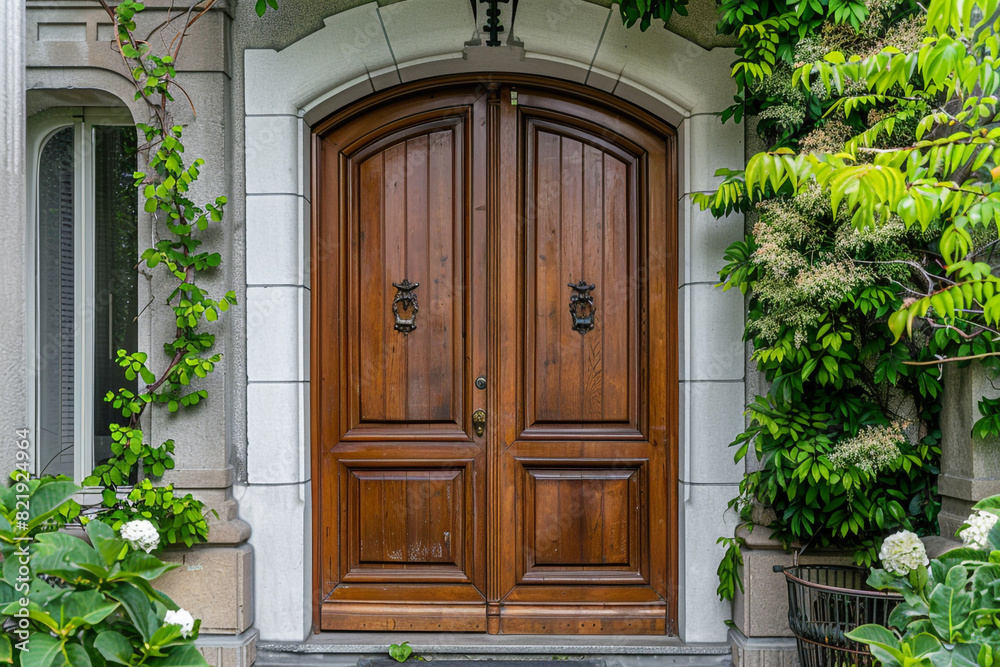 Traditional cheap front entrance door with wood, brown wooden style 