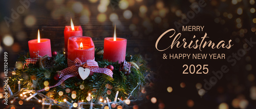 Christmas Card - Merry Christmas and Happy New Year 2025 - Advent wreath with four red burning candles and magical bokeh lights - banner, header, xmas greetings - fourth advent