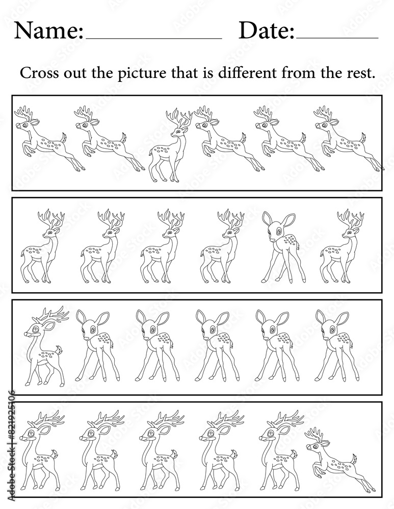 Fototapeta premium Deer Puzzle. Printable Activity Page for Kids. Educational Resources for School for Kids. Kids Activity Worksheet. Find the Different Object