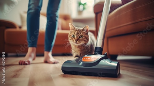 Woman Vacuuming Carpet, Cat Watching Closely Nearby.