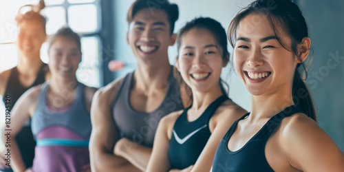 Fitness, laughing and friends at the gym for training, Asian pilates class for active healthy lifestyle. exercise in a group for a workout, cardio or yoga in a studio 