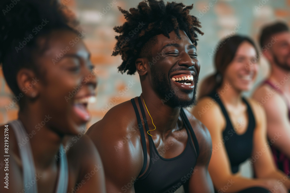 Fitness, laughing and friends at the gym for training, Black pilates class for active healthy lifestyle. exercise in a group for a workout, cardio or yoga in a studio 