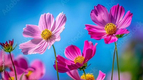 Vibrant cosmos flowers blooming under sunny blue sky