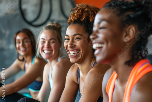 Fitness, laughing and friends at the gym for training, Black pilates class for active healthy lifestyle. exercise in a group for a workout, cardio or yoga in a studio  © sam