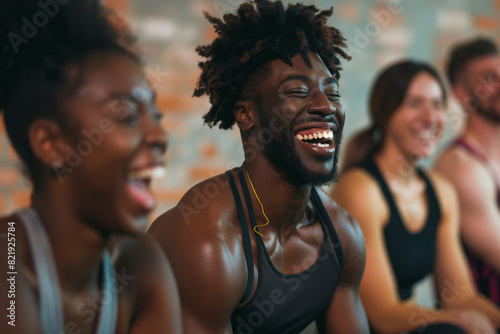 Fitness  laughing and friends at the gym for training  Black pilates class for active healthy lifestyle. exercise in a group for a workout  cardio or yoga in a studio 