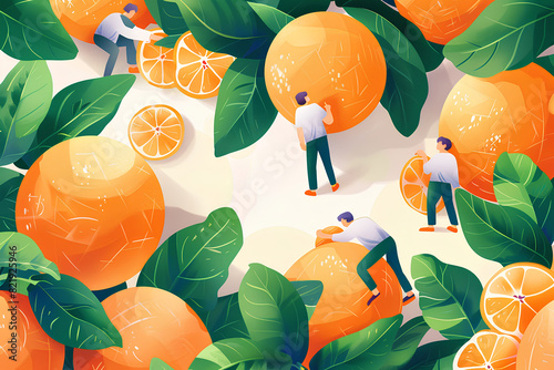 大きなオレンジと収穫する人たち-1 photo