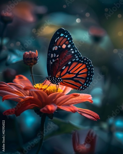 A monarch butterfly with its wings spread on a red flower photo