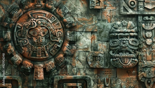 Ancient Aztec Stone Carving with Detailed Patterns photo