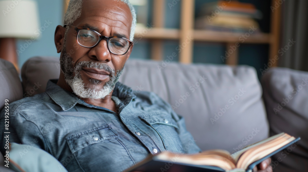 African American adult man reading a book while sitting on the couch at home. Retired man enjoys reading while relaxing at home. Happy retirement concept. African American adult man reading a book while sitting on the couch at home. Retired man enjoys reading while relaxing at home. Happy retirement concept.