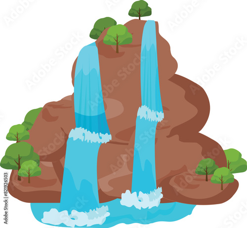 Stunning cartoon vector illustration of a tranquil. Untouched. And idyllic waterfall landscape with vibrant colors and lush greenery. Representing the beauty of nature and ecological conservation