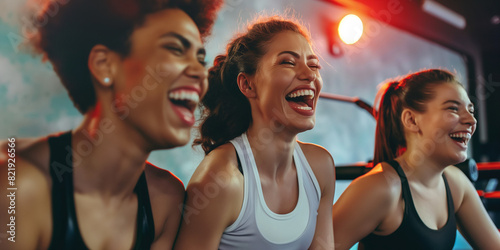 Fitness  laughing and friends at the gym for training  pilates class for active healthy lifestyle. exercise in a group for a workout  cardio or yoga in a studio 