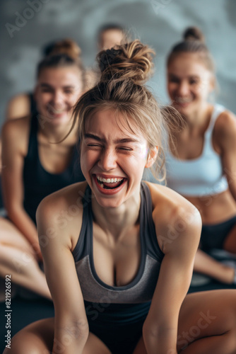 Fitness  laughing and friends at the gym for training  pilates class for active healthy lifestyle. exercise in a group for a workout  cardio or yoga in a studio 