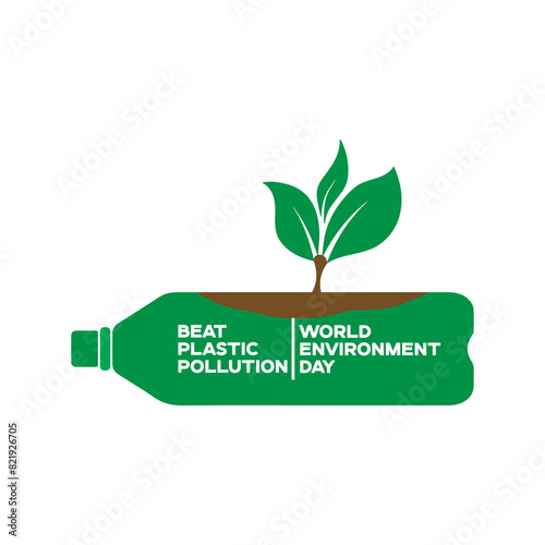 Beat plastic Pollution. World Environment Day. 5 June. Plastic botel and plant concept. Editable EPS file. photo