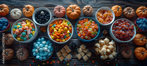 A child's Halloween candy haul spread out on a table, with a mix of treats and wrappers