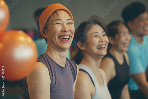 Fitness, laughing and friends at the gym for training, Asian seniors pilates class for active retirement lifestyle. exercise in a group for a workout, cardio or yoga in a studio  © sam