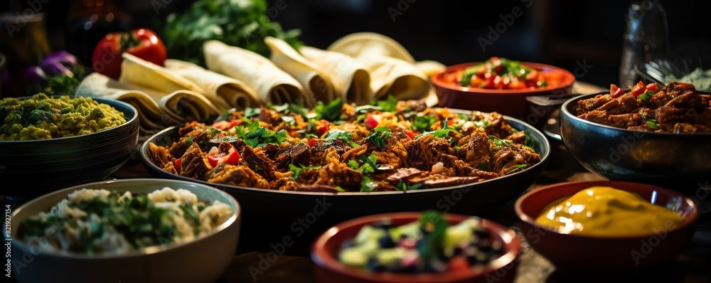 A variety of delicious Mexican food, including enchiladas, tacos, and burritos. A variety of delicious Mexican food, including enchiladas, tacos, and burritos.