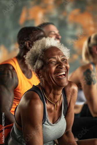 Fitness, laughing and friends at the gym for training, black seniors pilates class for active retirement lifestyle. exercise in a group for a workout, cardio or yoga in a studio 
