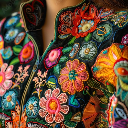 Colorful floral embroidery on a black background. © MNFTs