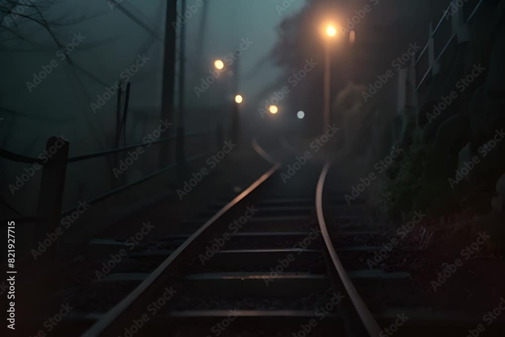 The old railway line that leads to the trail on a misty night with street lights illuminates the scenery. No trains are visible on hillsides in Japan, taken from ground level. Dark blue to The old railway line that leads to the trail on a misty night with street lights illuminates the scenery. No trains are visible on hillsides in Japan, taken from ground level. Dark blue to