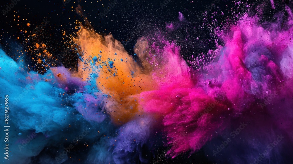 Fototapeta premium Multicolor powder explosion on black background. Colored cloud. Colorful dust explode. Paint Holi