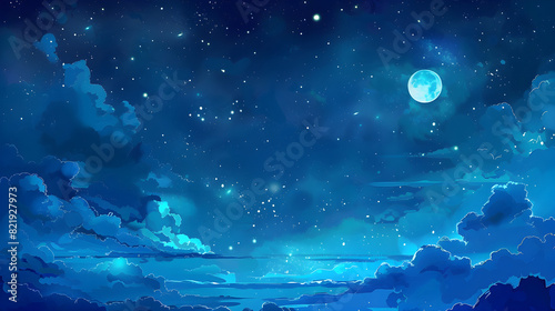 Starry night sky over a serene mountainous landscape with a bright moon and galactic backdrop