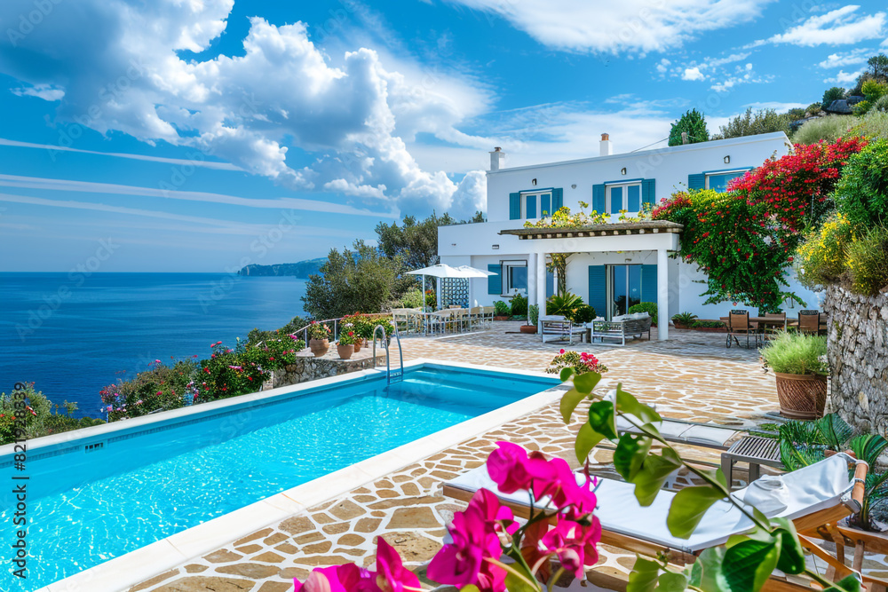 Fototapeta premium Traditional mediterranean white house with pool on hill with stunning sea view Summer vacation background Created with