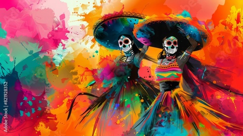 Two Calaveras Catrinas  traditional Mexican skeletons  in a vibrant and colorful background.