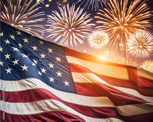 Bandera de USA ondeada con fuegos artificiales de fondo. Celebración del día de la independencia. Cuatro de julio.  photo