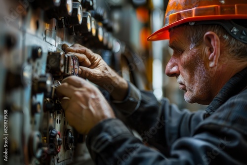 A man in a hard hat is carefully adjusting a switch box with focused concentration