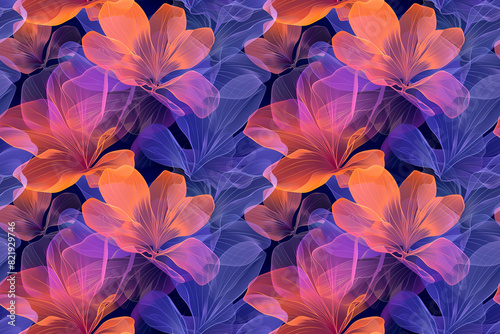 Abstract seamless pattern with translucent flowers in shades of orange and purple on a dark background, ideal for modern decoration and textile design, creating an ethereal and colorful tile ornament