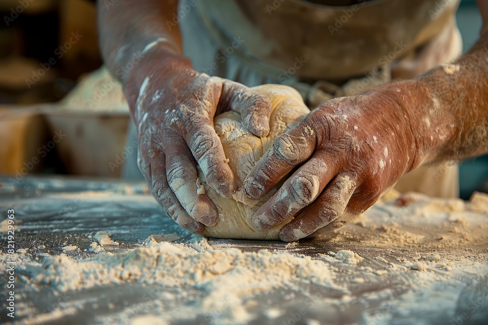 Hands shaping dough on floured countertop