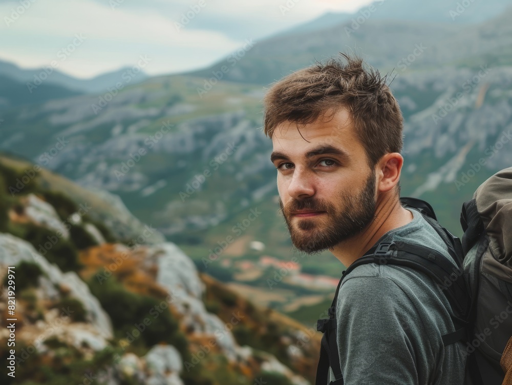 Adventurous hiker enjoying scenic mountain view