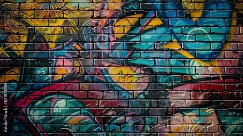 This image showcases a brick wall covered in intricate spray paint art  embodying the raw and expressive nature of street art. The vivid colors and striking designs create a powerful visual impact.