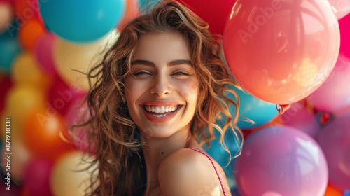 Portrait of a happy woman having fun against the background of a wall of balloons. A young woman posing against a background of balls. Concept of fun, holiday. © Alina Tymofieieva