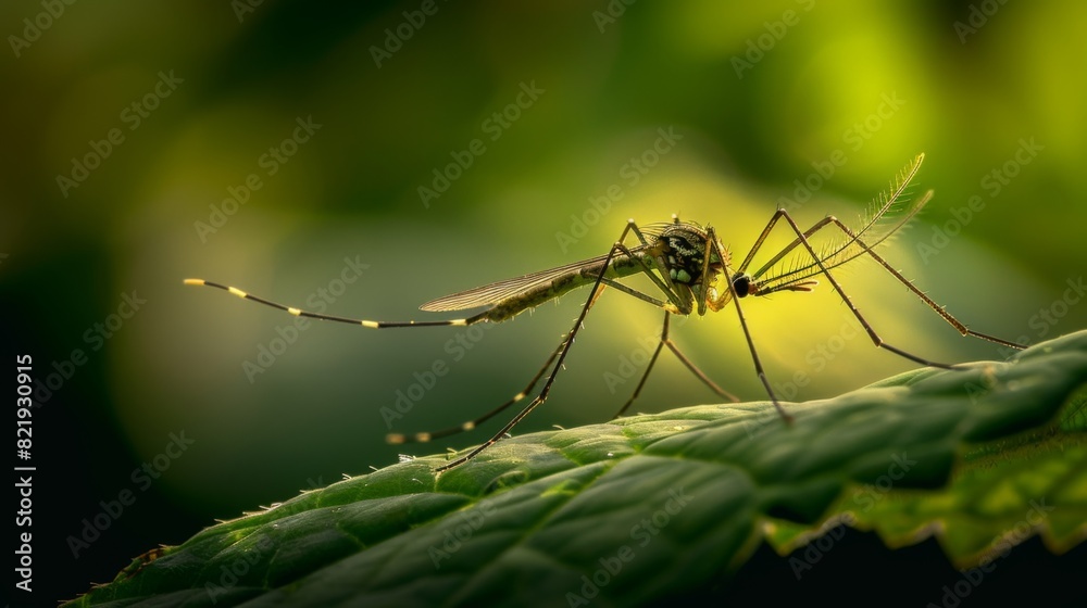 Tiny mosquito perched on a leaf, showing its long legs and delicate wings. Tiny mosquito perched on a leaf, showing its long legs and delicate wings.