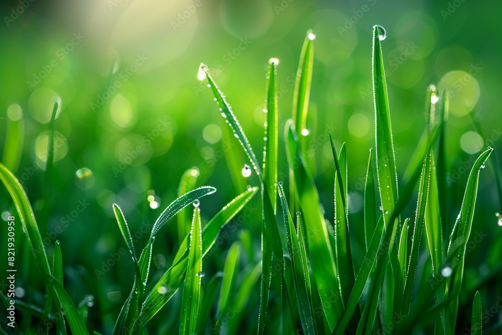 Fototapeta premium Tranquil Nature Scene with Dew Drops on Green Blades of Grass