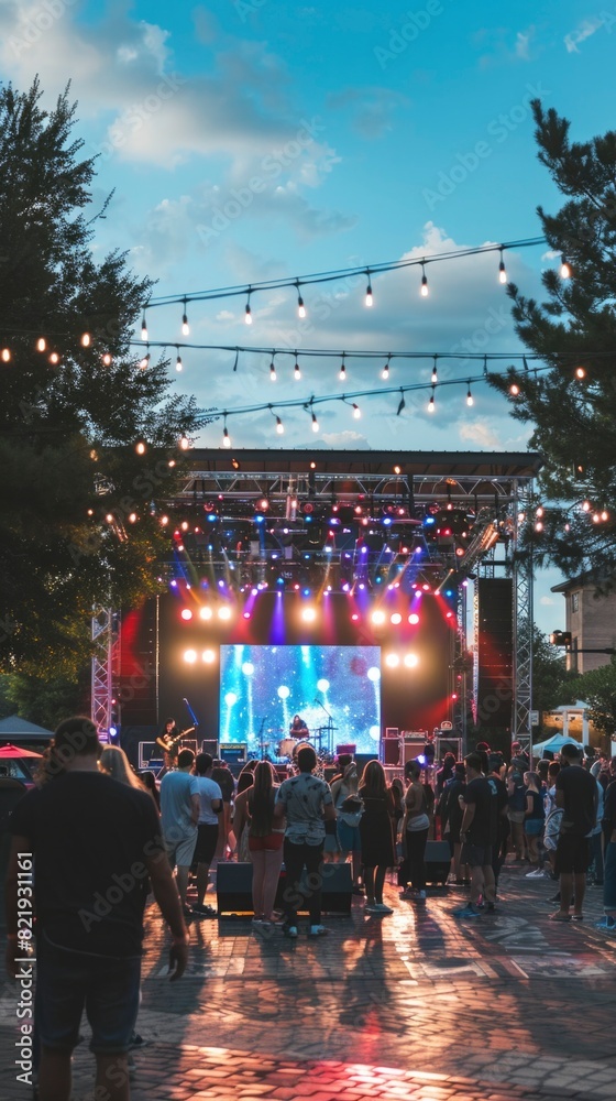 Outdoor Summer Concert with Festive String Lights at Dusk