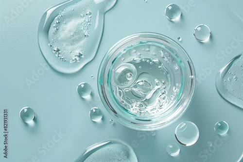 Gel Texture. Blue Transparent Cosmetic Gel Primer with Splash and Bubbles. Anti Aging Hydro Serum. Hydrate Hyaluronic Acid Moisturizer. Clear Drop of Liquid Foundation Blob. Makeup Product. Closeup